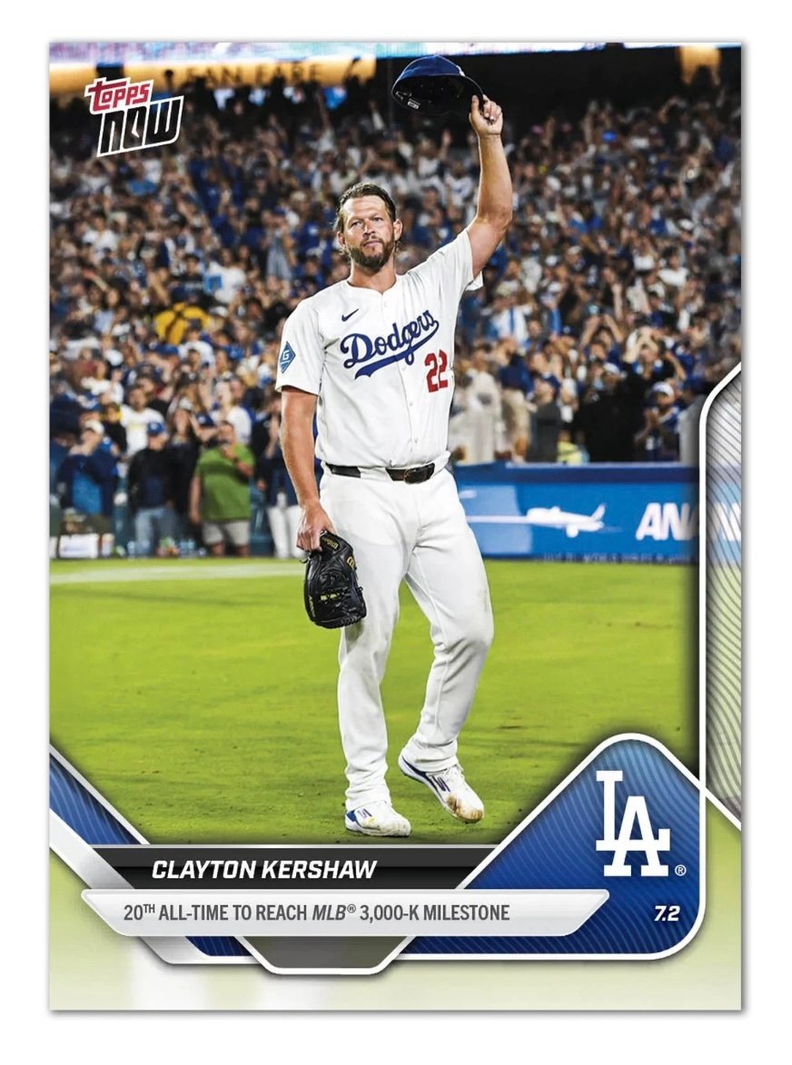 2025 Topps NOW MLB CLAYTON KERSHAW Reaches 3000 Strikeouts LA Dodgers Card #373