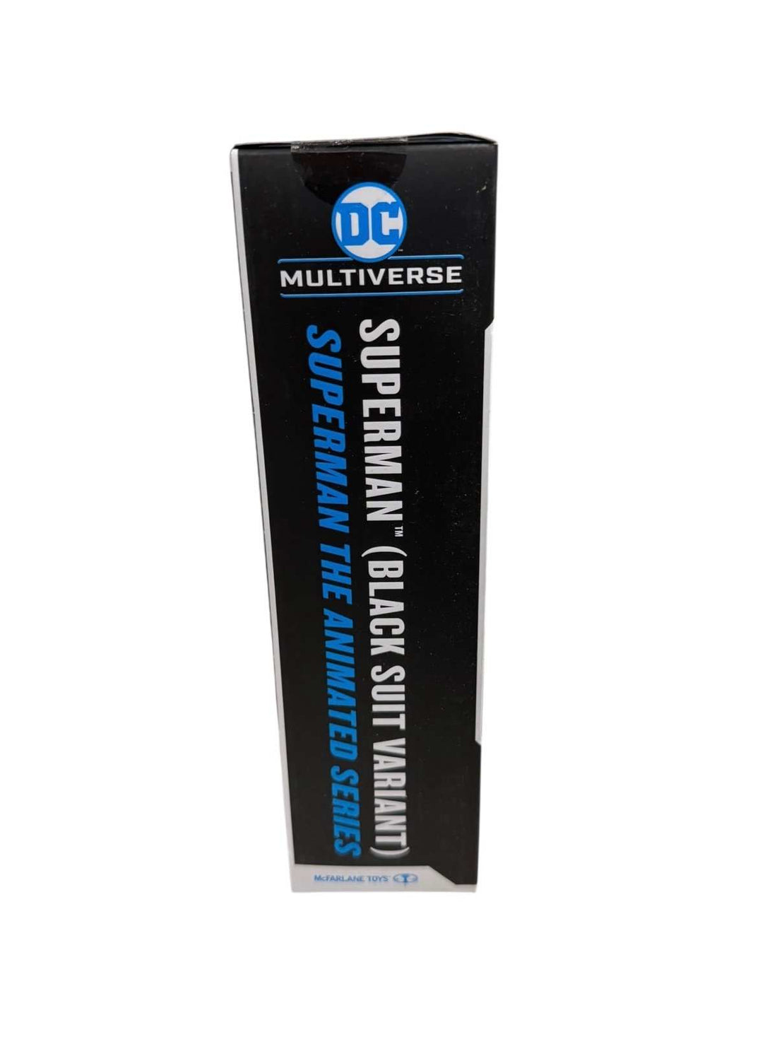 McFarlane DC Multiverse Superman black suit variant 7-inch action figure in sealed packaging with flight stand and alternate hands