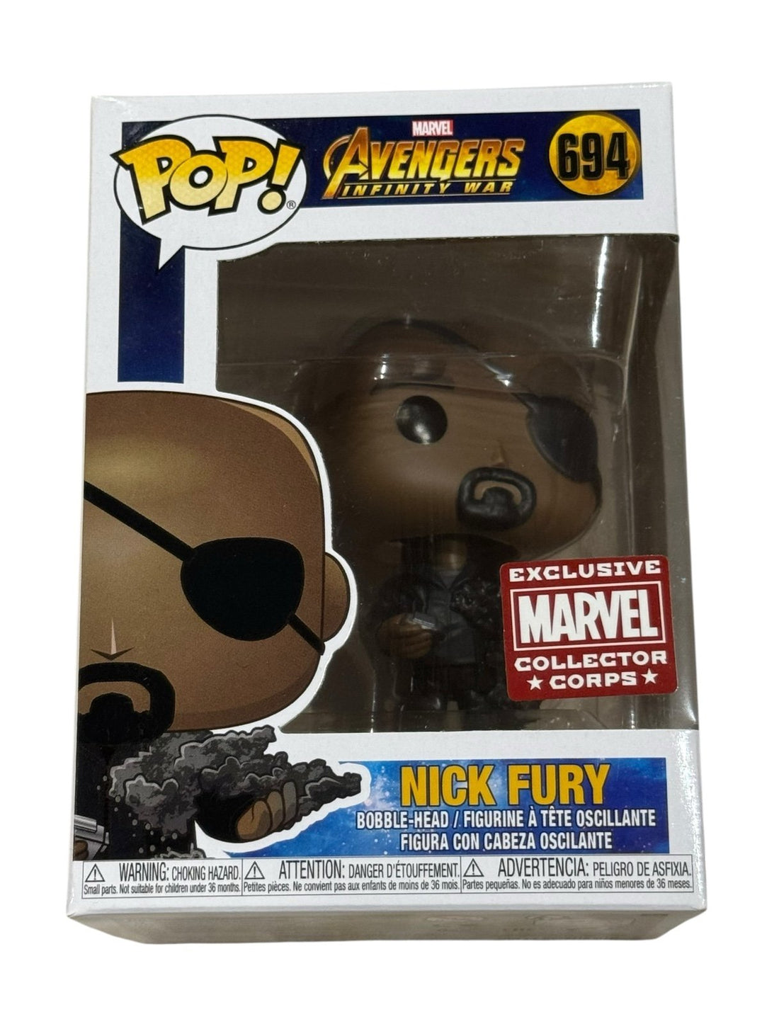 Funko Pop Avengers Infinity War Nick Fury 694 MCC exclusive vinyl figure with eye patch and blaster accessory in sealed box