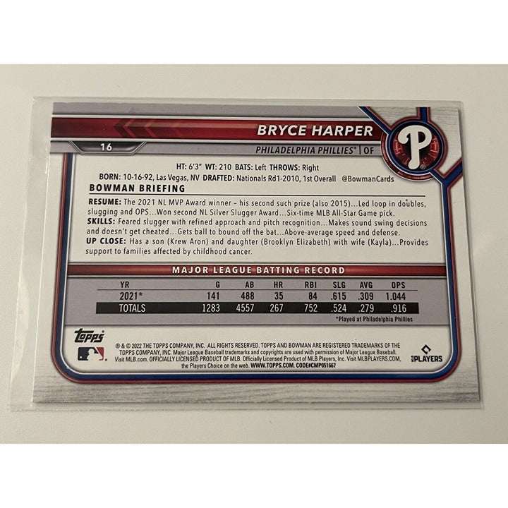 2022 Bowman Bryce Harper baseball card Philadelphia Phillies card #16 in protective sleeve