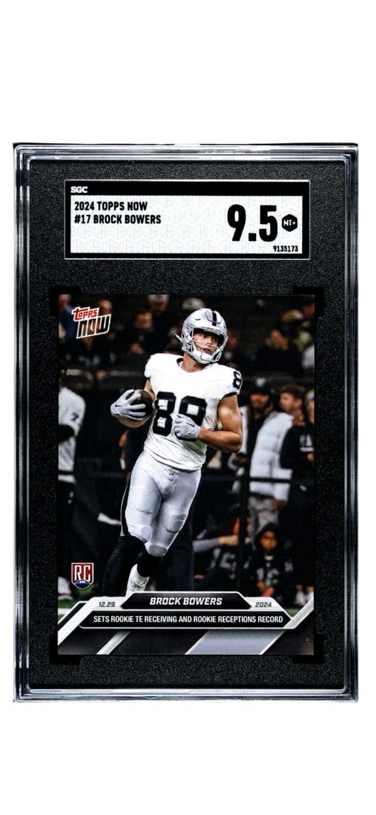 Brock Bowers RC 2024 Topps NOW rookie card graded SGC 9.5 featuring Las Vegas Raiders tight end with rookie receiving record