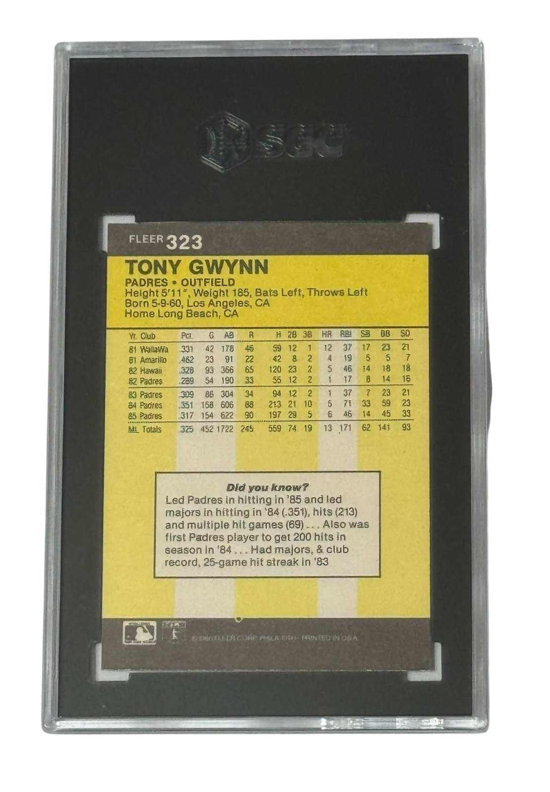 Tony Gwynn 1986 Fleer #323 MLB San Diego Padres vintage card SGC 7 near mint