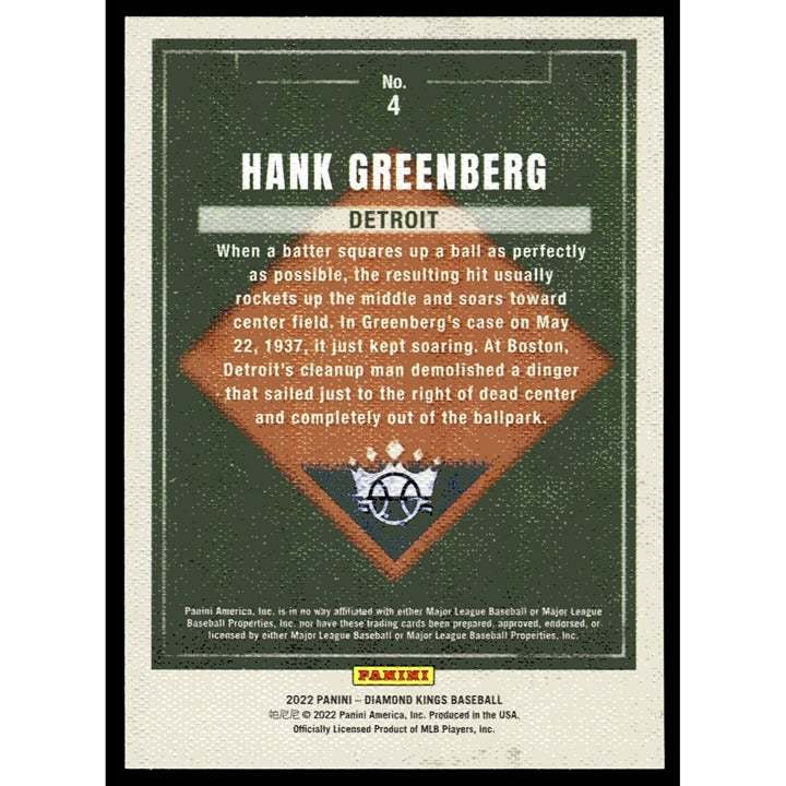 2022 Panini Diamond Kings Hank Greenberg Detroit Tigers baseball card near mint condition