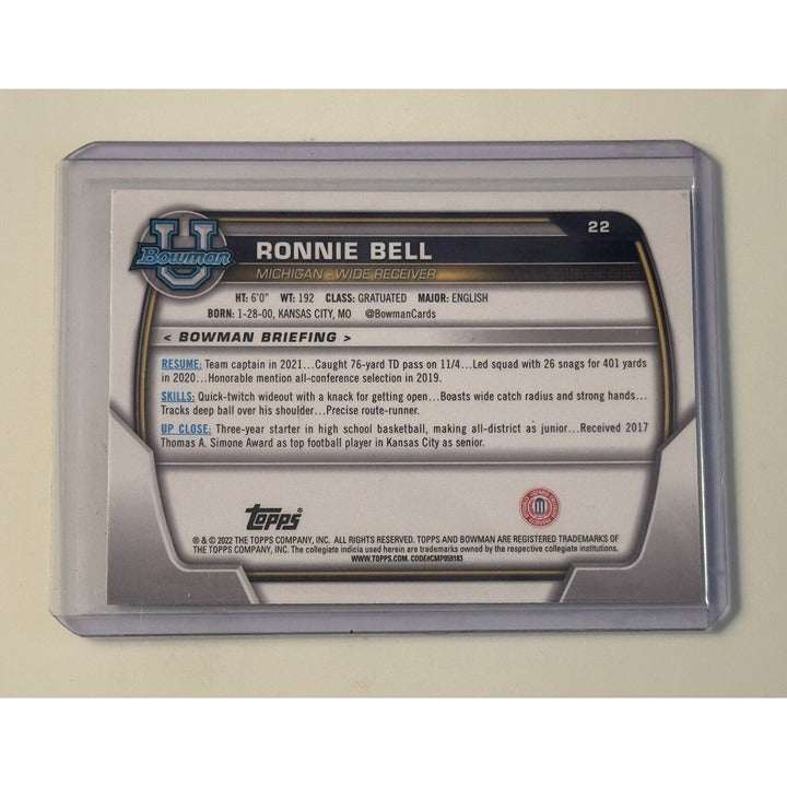 2022 Bowman University Chrome Ronnie Bell Michigan Wolverines football trading card in protective case