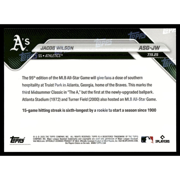 Jacob Wilson RC Limited Edition 2025 MLB Allstar Game card back with player stats and game details