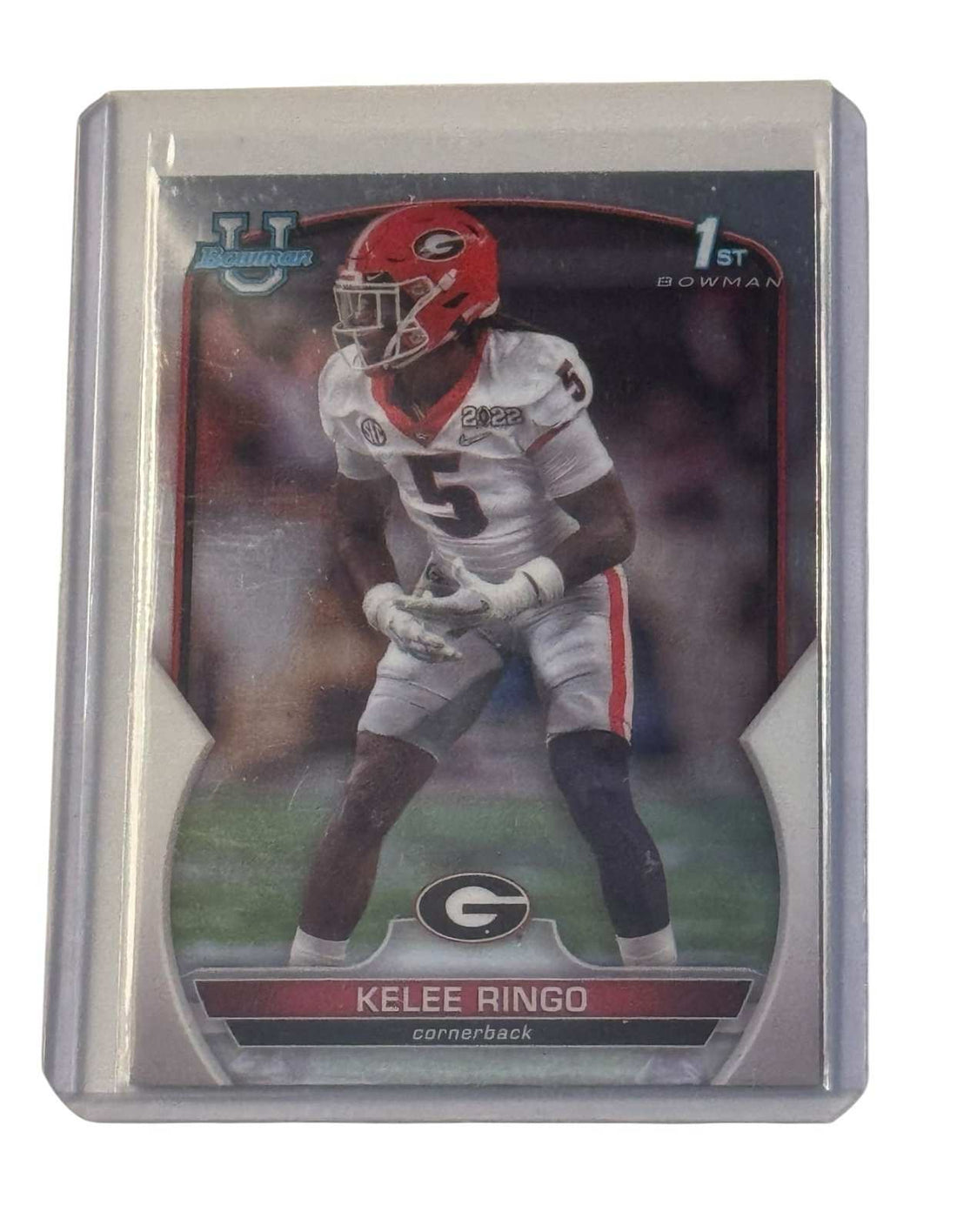 Kelee Ringo RC 1st Bowman Chrome Georgia Bulldogs cornerback football card in protective sleeve and top loader