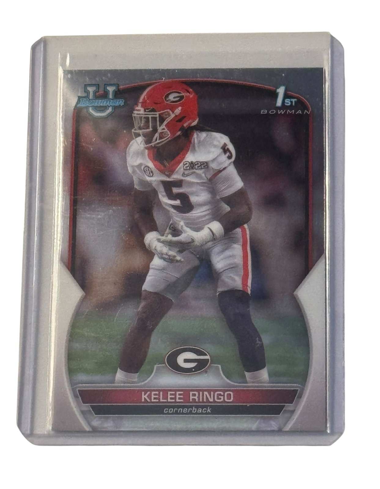 Kelee Ringo RC 1st Bowman Chrome Georgia Bulldogs cornerback football card in protective sleeve and top loader