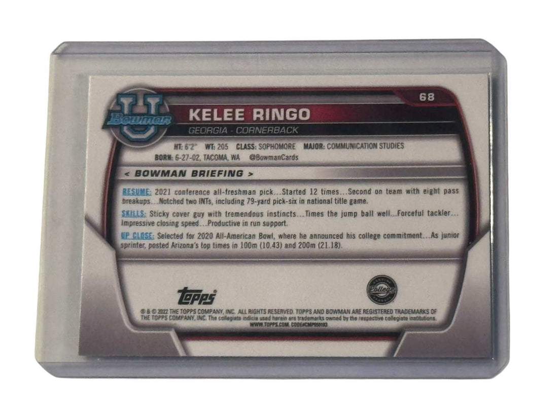 Kelee Ringo RC 1st Bowman Chrome Georgia Bulldogs cornerback football card in protective sleeve and top loader