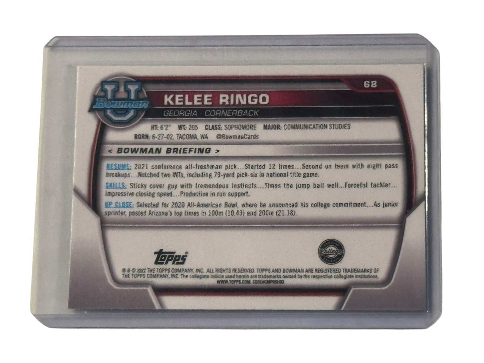 Kelee Ringo RC 1st Bowman Chrome Georgia Bulldogs cornerback football card back side in protective sleeve