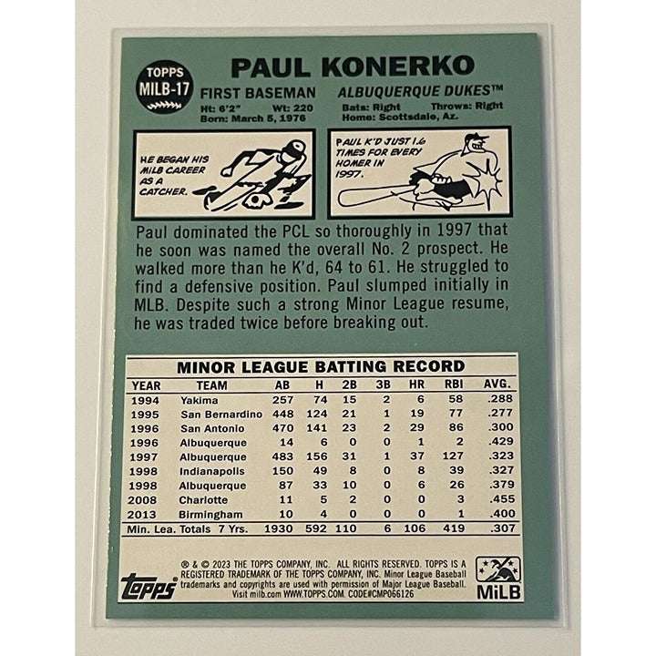2023 Pro Debut MILB Legends Paul Konerko Albuquerque Dukes baseball card with green foil parallel by Topps