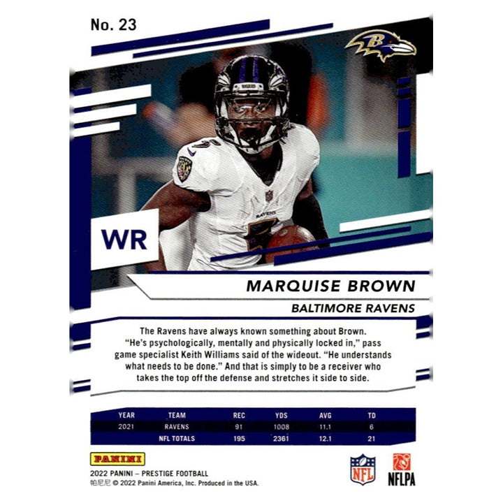 2022 Panini Prestige Marquise Brown NFL card Baltimore Ravens and KC Chiefs football trading card