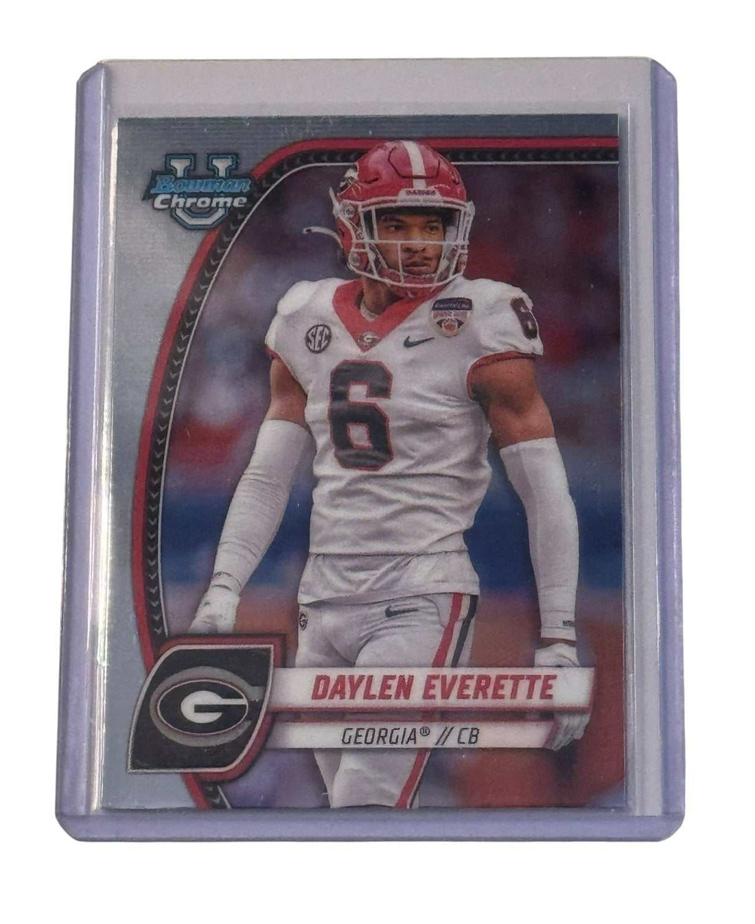 Daylen Everette RC 2024 Bowman U Chrome football card featuring Georgia Bulldogs cornerback in protective case