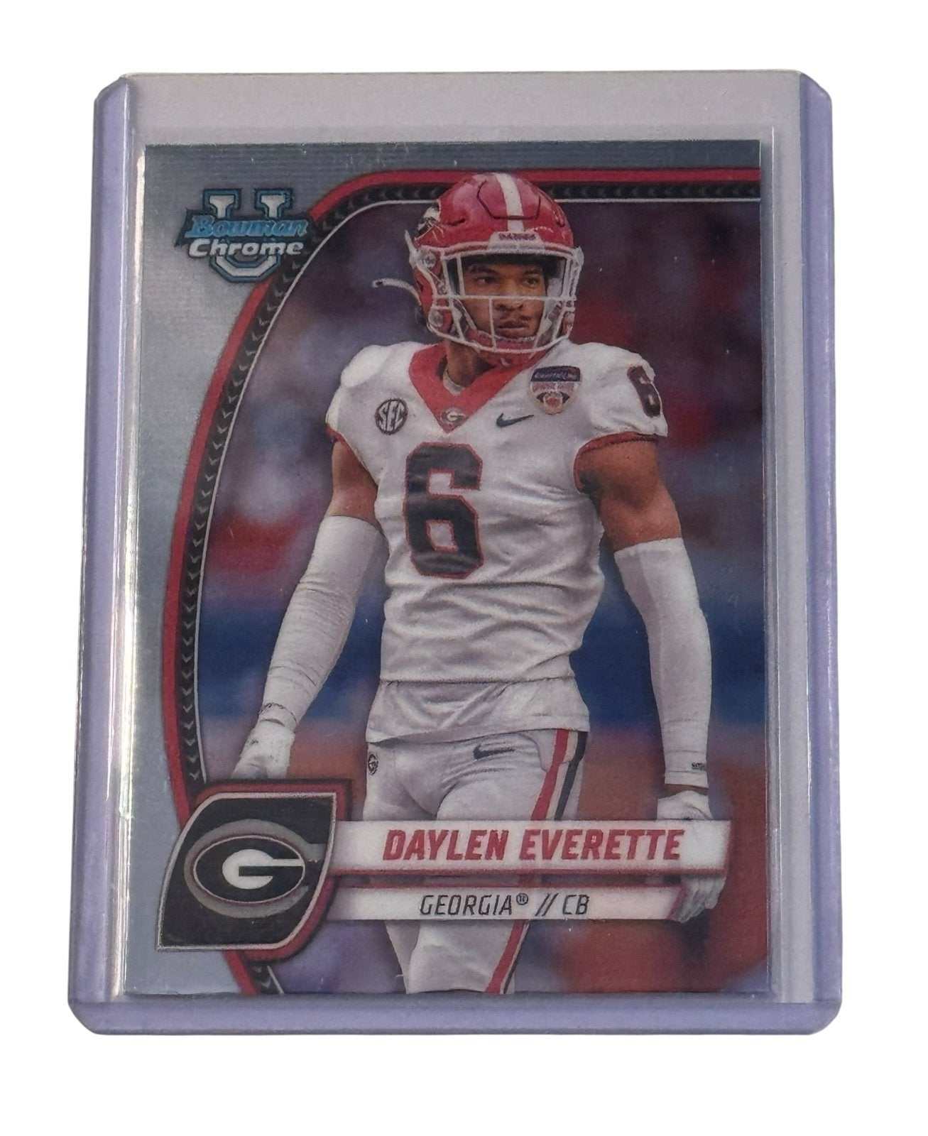 Daylen Everette RC 2024 Bowman U Chrome football card featuring Georgia Bulldogs cornerback in protective case
