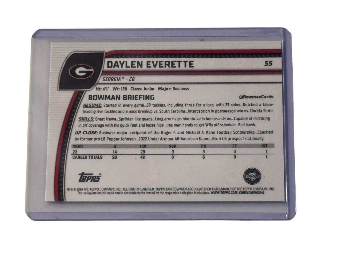 Daylen Everette RC 2024 Bowman U Chrome football card featuring Georgia Bulldogs cornerback in protective case