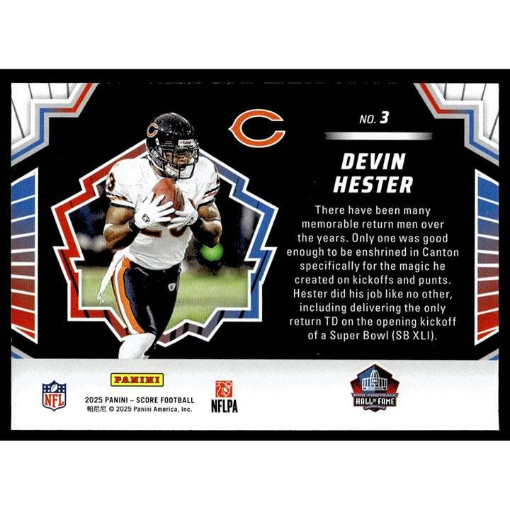 Devin Hester 2025 Panini Score NFL football card featuring Chicago Bears player in action with Men of Canton inset