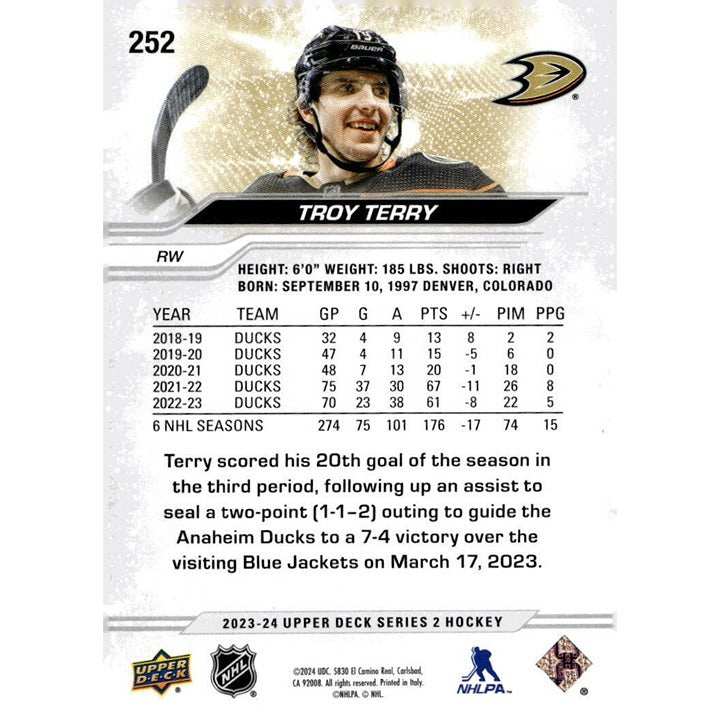 Troy Terry 2023-24 Anaheim Ducks NHL hockey card Upper Deck Series 2 Update RW in black jersey