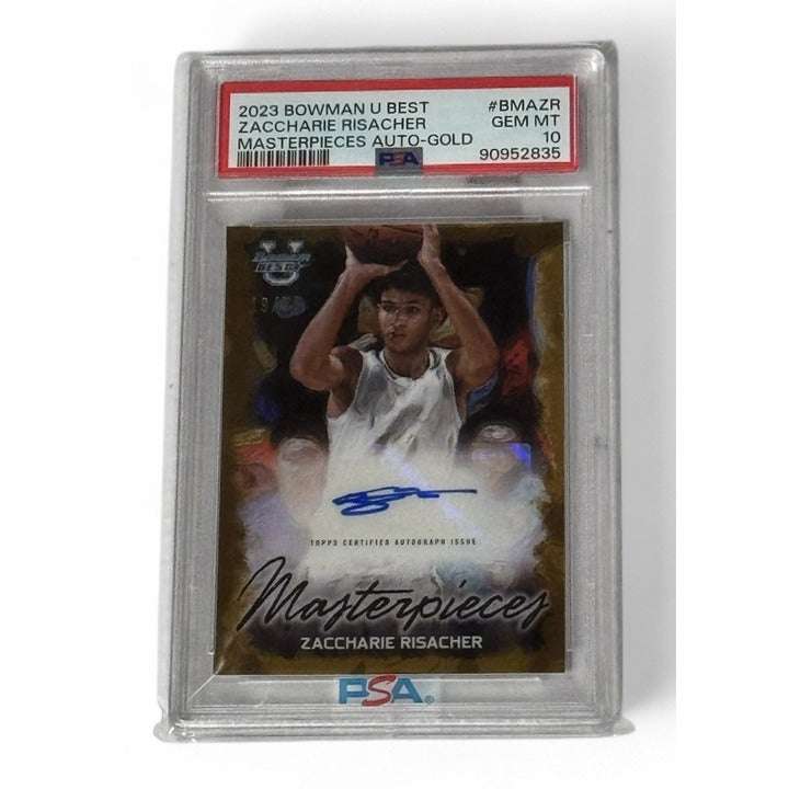 19/50 2023 Bowman NBA Zaccharie Risacher Masterpiece Gold Auto rookie card PSA 10
