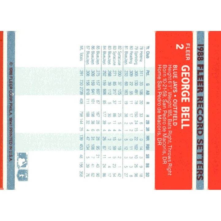 1988 Fleer Record Setters George Bell Toronto Blue Jays baseball card number 2 vintage