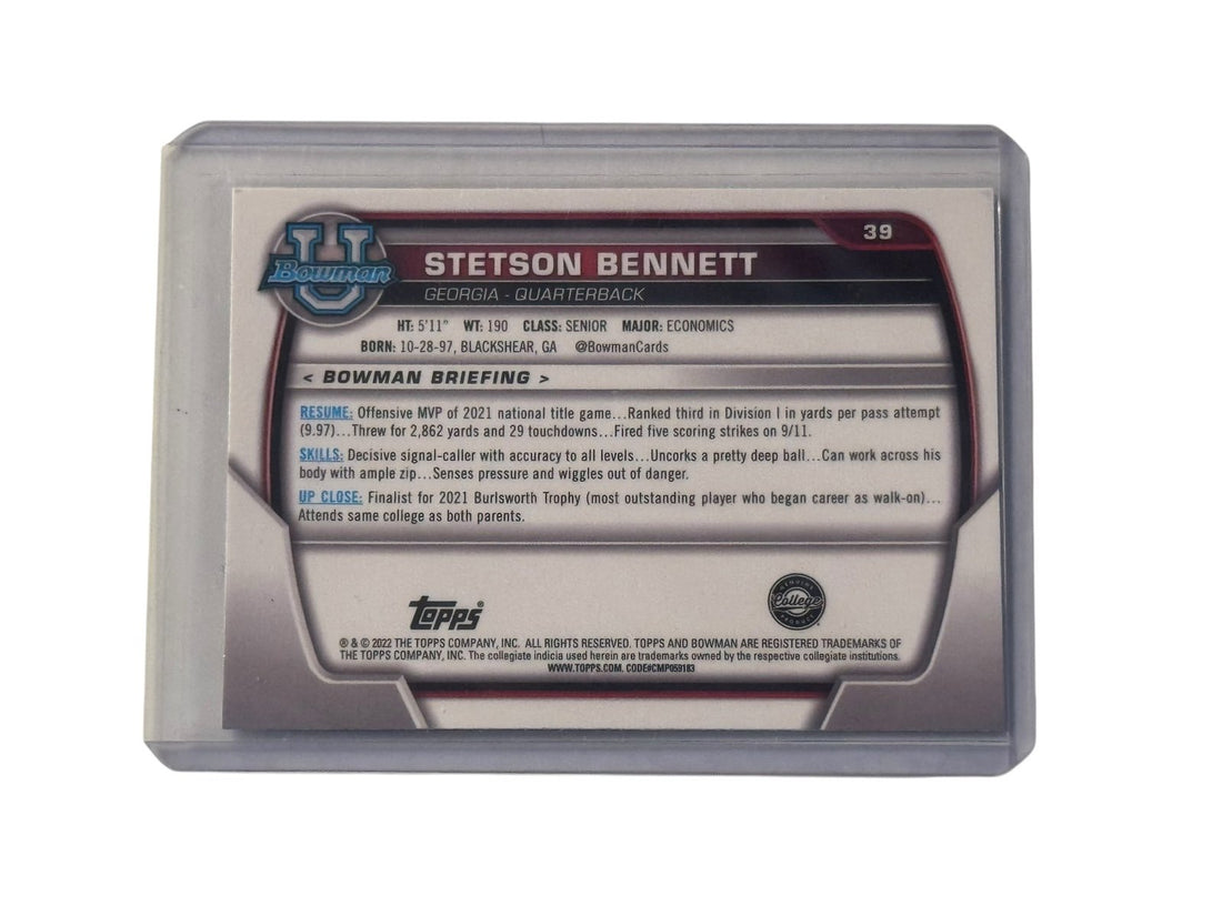 Stetson Bennett 2022 Bowman U Georgia Bulldogs rookie card in protective sleeve