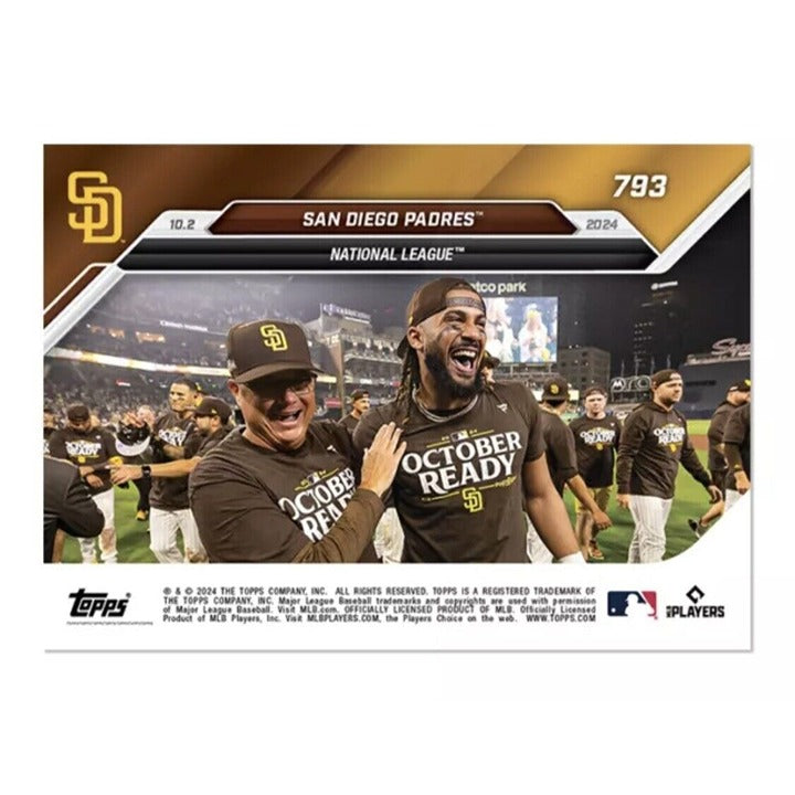 San Diego Padres 2024 Topps NOW MLB card 793 featuring Fernando Tatís Jr., Yu Darvish, and Manny Machado celebrating largest crowd at Petco Park