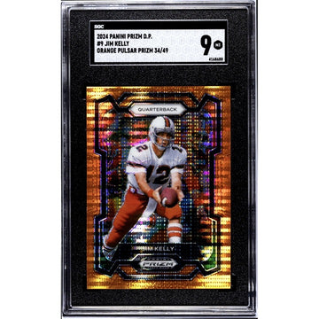 34/49* 2024 Panini Prizm Draft Picks Orange Pulsar Jim Kelly NFL Bills HOF SGC 9