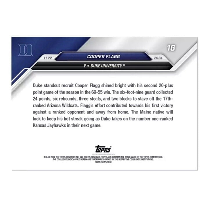 Cooper Flagg RC Duke Blue Devils limited edition basketball trading card 2024 Bowman U Now