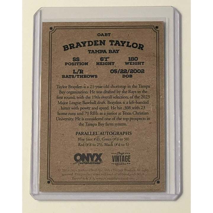 2023 Brayden Taylor RC Auto Onyx Vintage Extended Tampa Bay Rays baseball card signed
