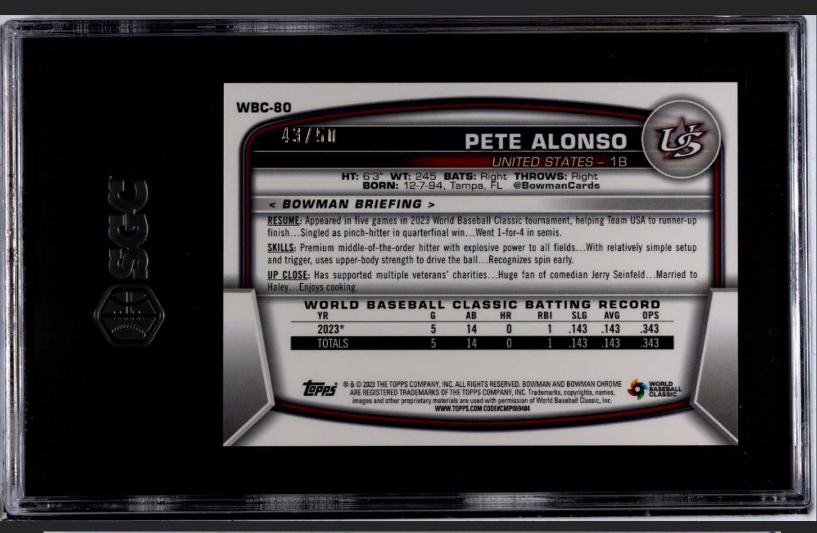 2023 Bowman Chrome Pete Alonso WBC Flag Gold Refractor baseball card #WBC-80 Mets SGC 9.5 limited edition 43 of 50