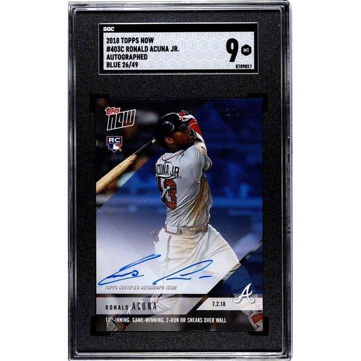 Ronald Acuna Jr 2018 Topps Now autographed baseball card graded SGC 9, serial numbered 26/49 with game-winning home run image