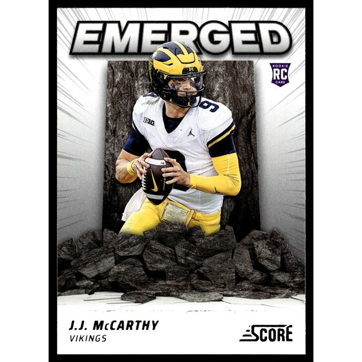 J.J. McCarthy Emerged RC 2024 Score rookie card featuring Minnesota Vikings quarterback in action
