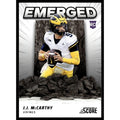J.J. McCarthy Emerged RC 2024 Score rookie card featuring Minnesota Vikings quarterback in action