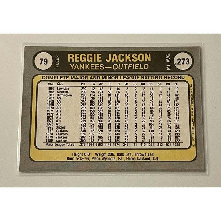 1981 Fleer baseball card of Reggie Jackson New York Yankees holding bat in outfield DH position