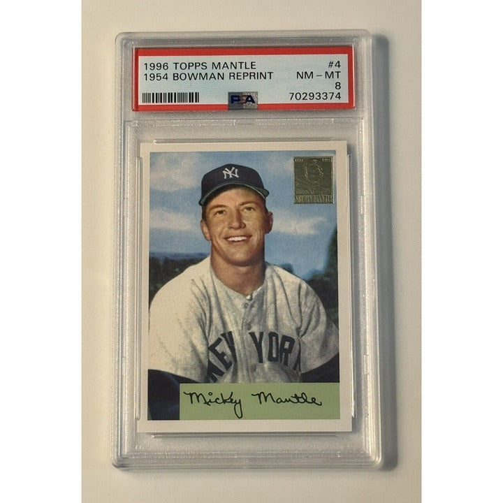 1996 Topps Mickey Mantle reprint baseball card graded PSA 8 in protective case