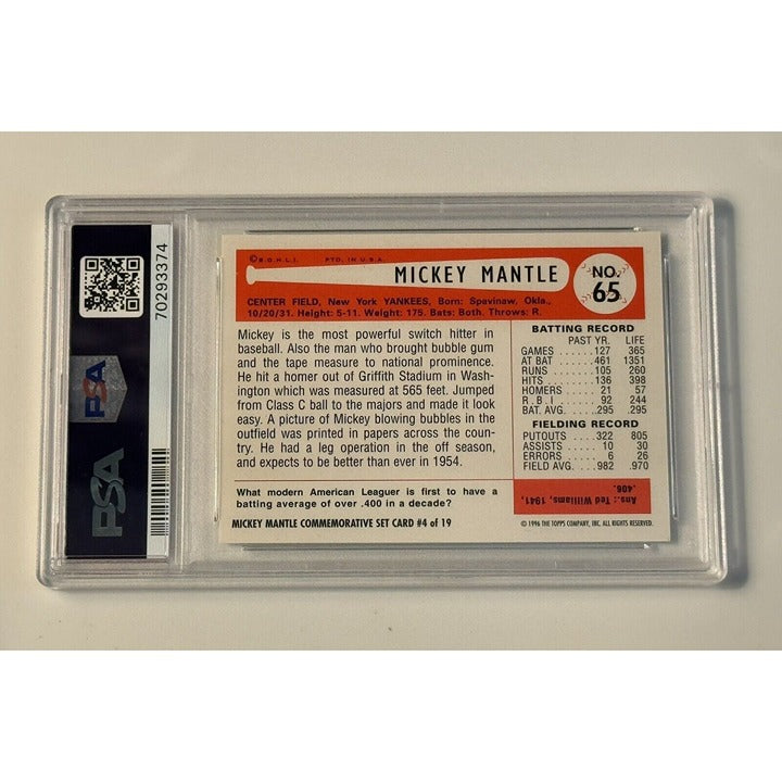 1996 Topps Mickey Mantle reprint baseball card PSA 8 back view