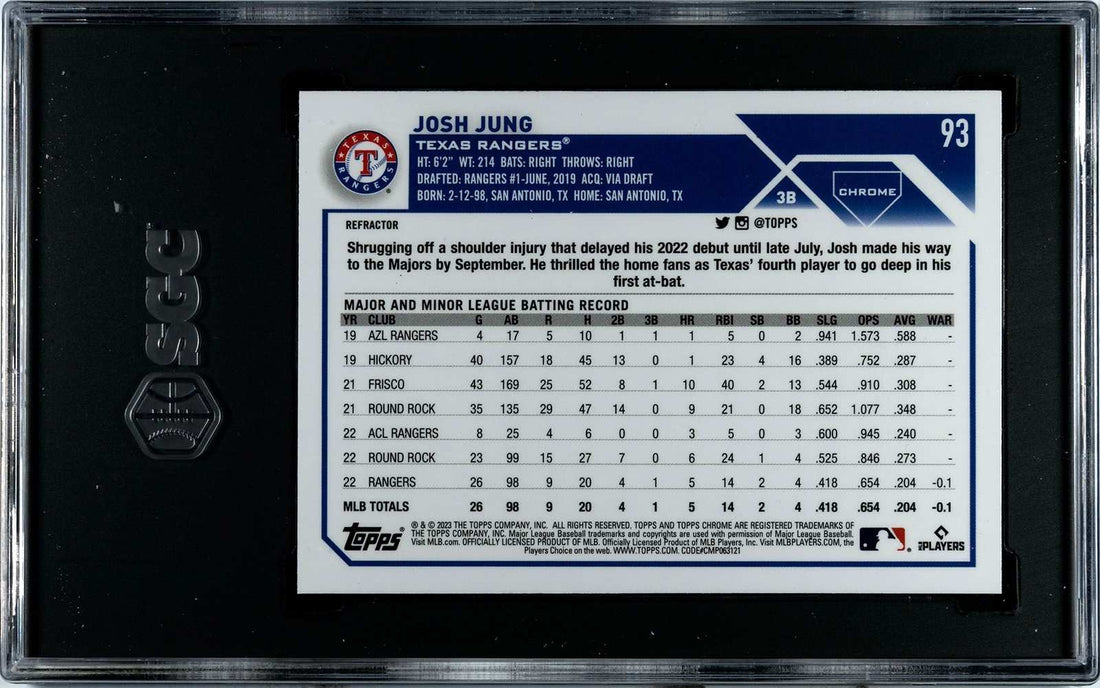 Josh Jung RC 2023 Topps Chrome Refractor #93 Texas Rangers Rookie SGC 9.5 card