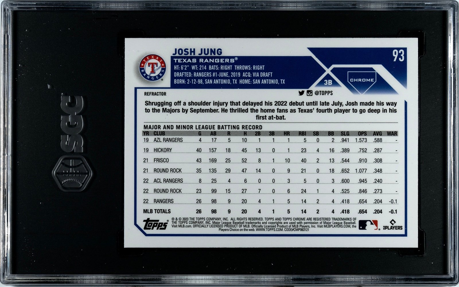 2023 Josh Jung RC Topps Chrome Refractor #93 Texas Rangers baseball card SGC 9.5