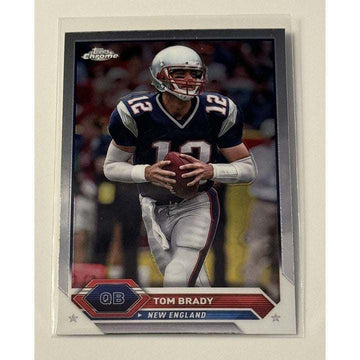 Tom Brady 2023 Topps Chrome NFL New England Patriots football card with chrome parallel design