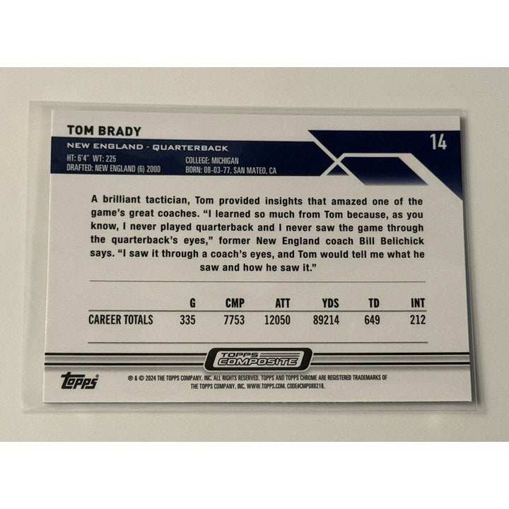 Tom Brady 2023 Topps Composite Chrome NFL New England Patriots football card back with career stats and biography