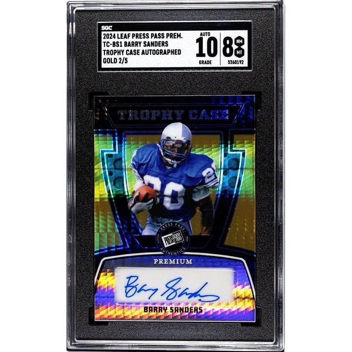 2/5 GOLD Barry Sanders Auto* 2024 Leaf PRESS Pass Trophy Case TC-BS1 Lions SGC 8