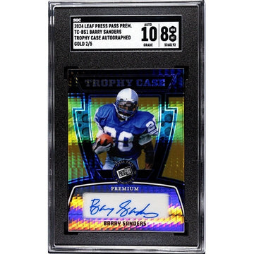 2/5 GOLD Barry Sanders Auto* 2024 Leaf PRESS Pass Trophy Case TC-BS1 Lions SGC 8