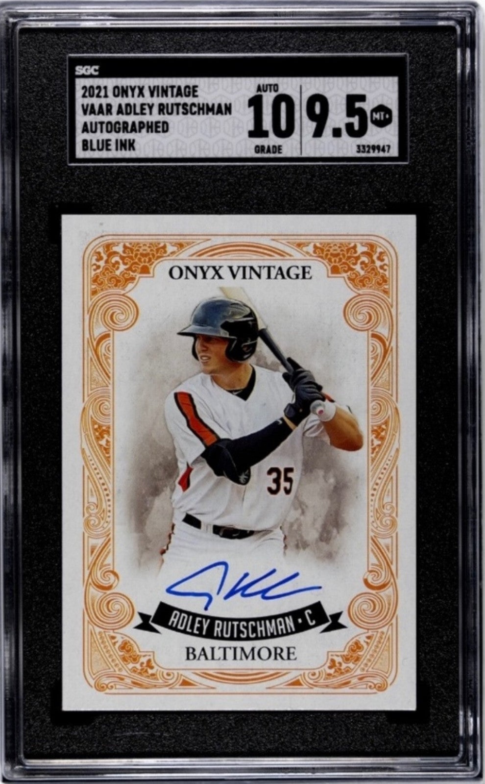 2021 ONYX VINTAGE
ADLEY RUTSCHMAN RC AUTOGRAPHED
BLUE INK VA-AR MLB Orioles SGC