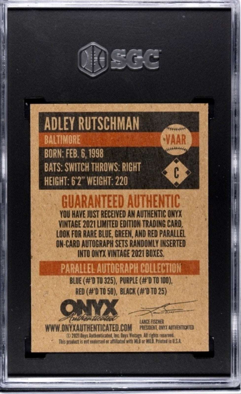 2021 ONYX VINTAGE Adley Rutschman RC autographed baseball card with blue ink, graded SGC 9.5
