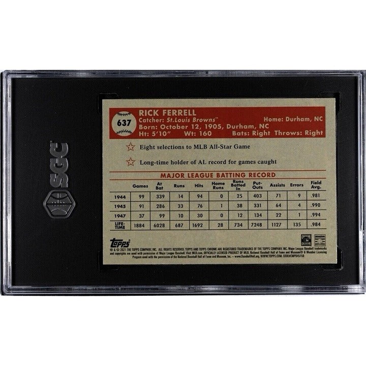 2021 Topps Chrome Platinum Anniversary Rick Ferrell St. Louis Browns baseball card SGC 7 back view