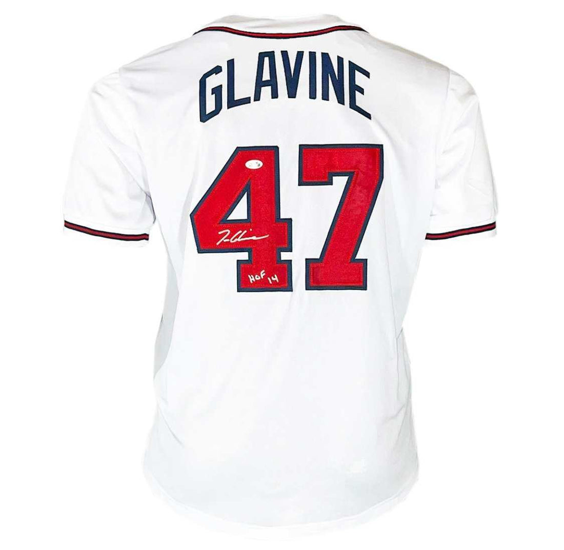 Tom Glavine signed Atlanta Braves white baseball jersey with number 47 and HOF 14 inscription