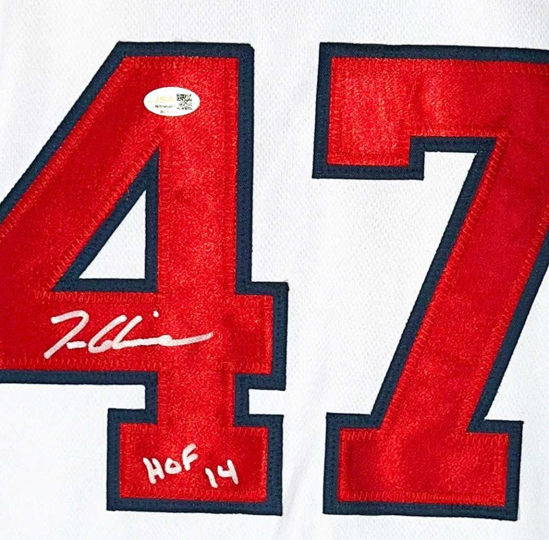 Tom Glavine autographed Atlanta Braves white jersey number 47 with HOF 14 inscription and JSA authentication