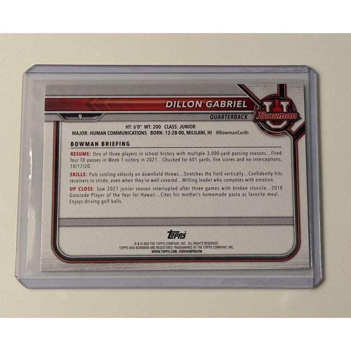 2022 Bowman U Dillon Gabriel rookie football trading card in protective case