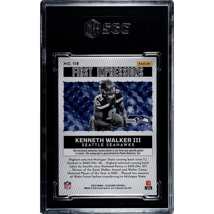 Kenneth Walker III 2022 Illusions First Impressions rookie patch auto card graded SGC 9 in protective case
