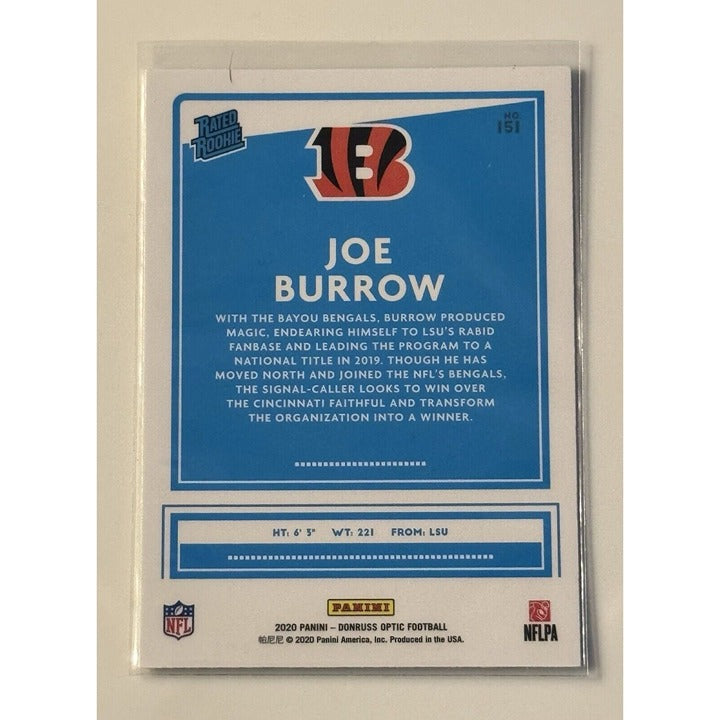 Joe Burrow RC 2020 Donruss Optic Rated Rookie Cincinnati Bengals card number 151 back view