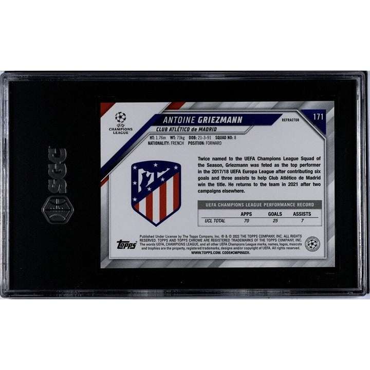 Antoine Griezmann 2021-22 Topps Chrome UEFA Refractor trading card in Atletico Madrid kit graded SGC 10