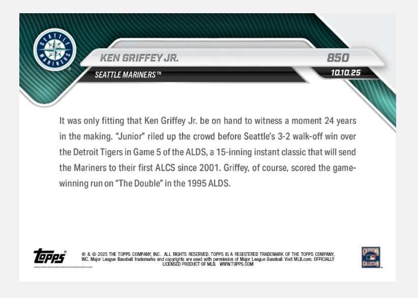 2025 Topps Now Ken Griffey Jr riding car celebrating Mariners advancing to ALCS baseball card